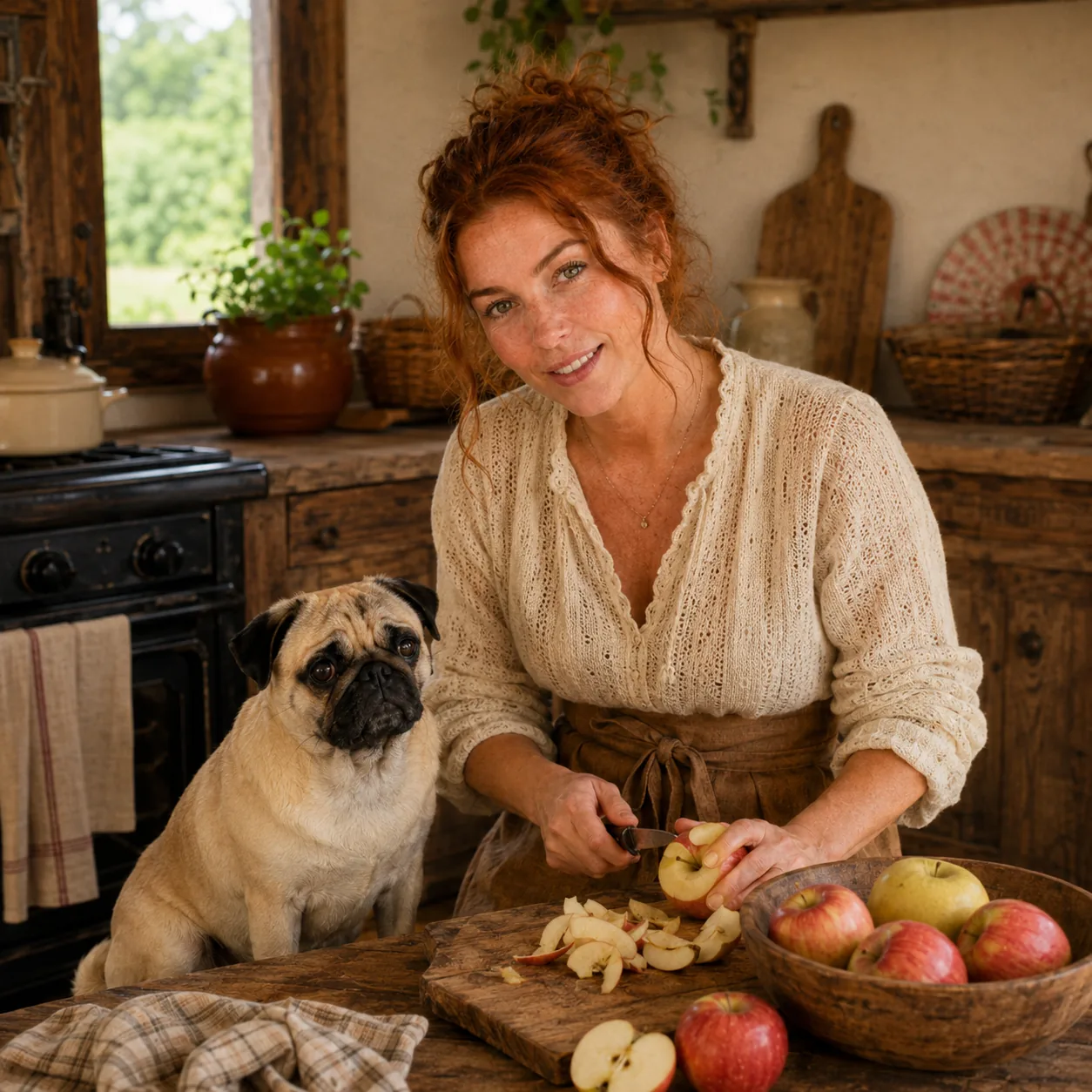 Becca ao lado do Floki preparando alimentos naturais